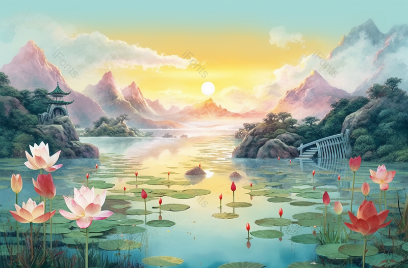 中国水墨风彩色盛开的荷花,插画/手绘图,插画/手绘图库,插画/手绘图下载,插画/手绘